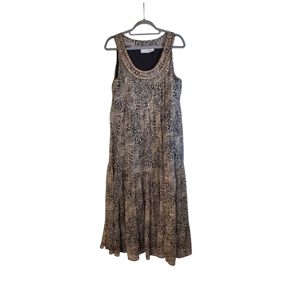 Soft Surroundings Retro Chiffon Black Metallic Bling Neckline Midi Dress, Medium